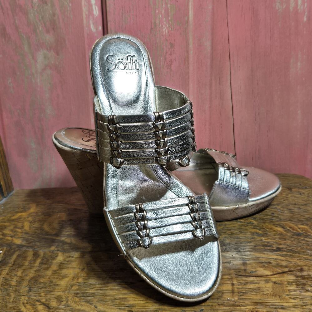 Sofft Fayann Leather & Cork 4" Heels Women Sz 9 Gold‎ Silver Metallic Open Toe